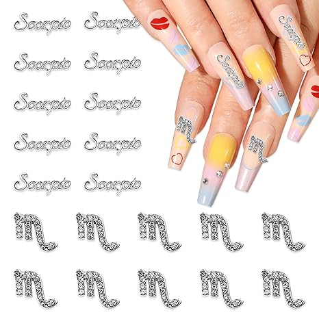 JERCLITY 20pcs Silver Alloy Scorpio Zodiac Nail Charms 10pcs Scorpio Sign Symbols Nail Charms 10pcs Scorpio Constellation Words Nail Charms for Nails(Scorpio Dates: October 24 to November 22), JSP406
