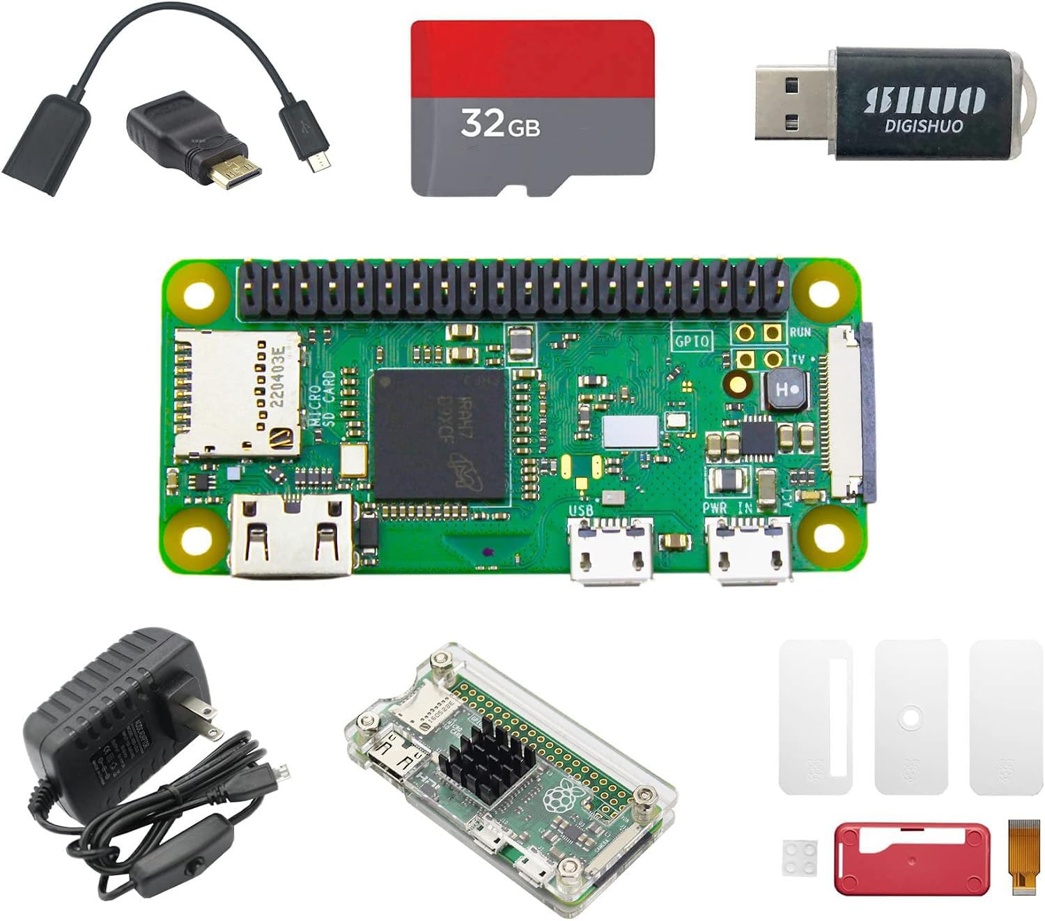 Raspberry Pi Zero WH Kit de démarrage complet 8 en 1 | Comprend Pi Zero WH, 2 boîtiers, carte 32 Go, mini HDMI, micro USB, alimentation 5 V 3 A pour projets de bricolage