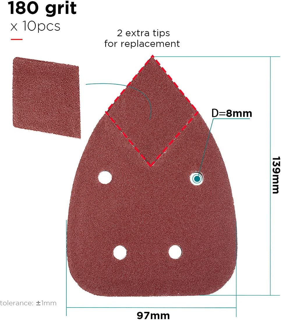 YoiYee 180 Grit Mouse Sanding Sheet, 4 Holes Hook & Loop Fastening Sandpaper, Back Sand Paper Pad, 2 Replacement Tips - Image 3