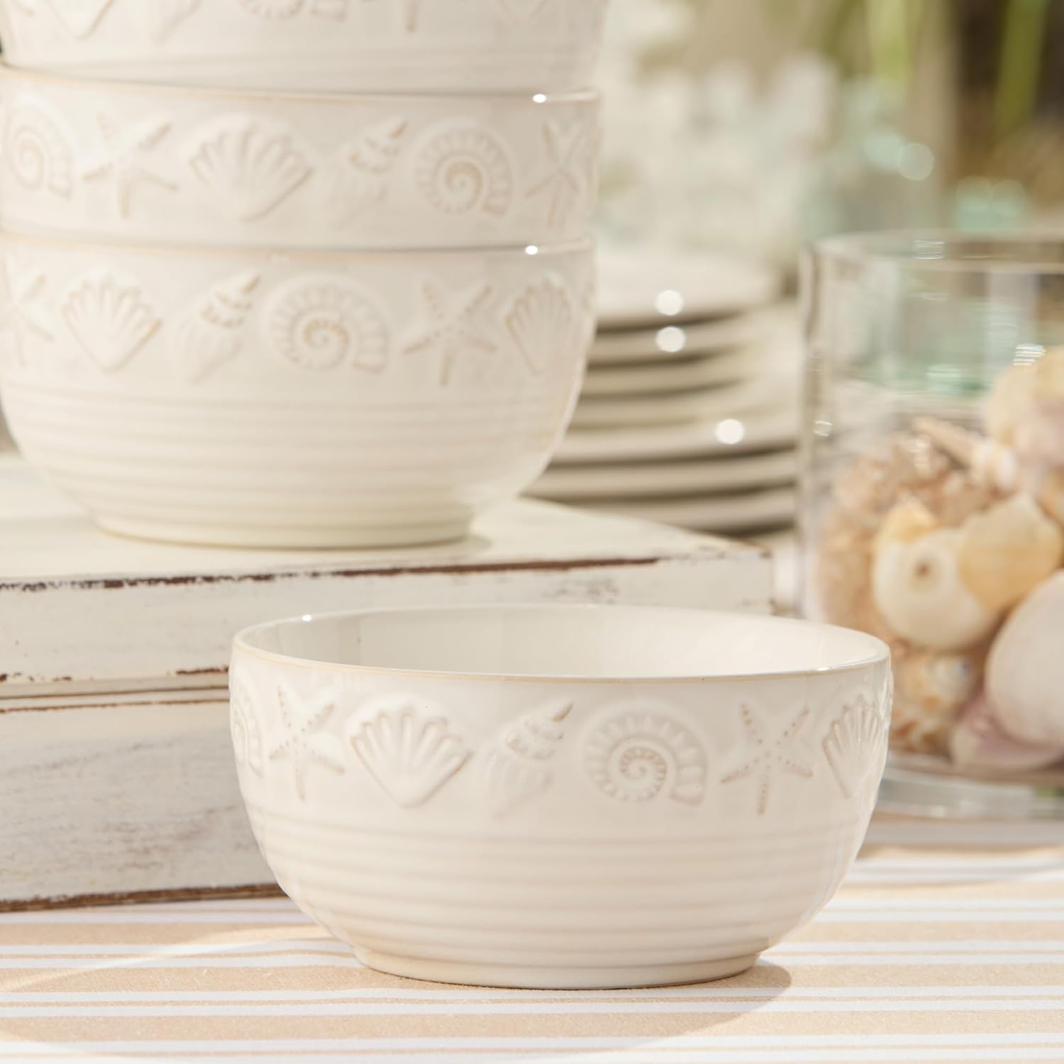 Coastline Cream Stoneware ICE CREAM/DESSERT BOWLS SET of 4, 5.25 x 3 inch embossed coastal shell and starfish bowls with glossy glaze, durable beach house serveware for desserts, snacks
