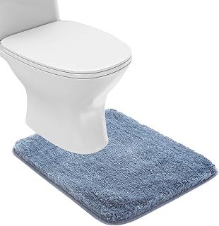 Bathroom Contour Rug Non Slip Bath Mat Water Absorbent Soft Microfiber Shaggy Bathroom Mat Machine Washable Bath Rug for Bathroom Thick Plush U Shape Toilet Rug (20 x 24, Blue)