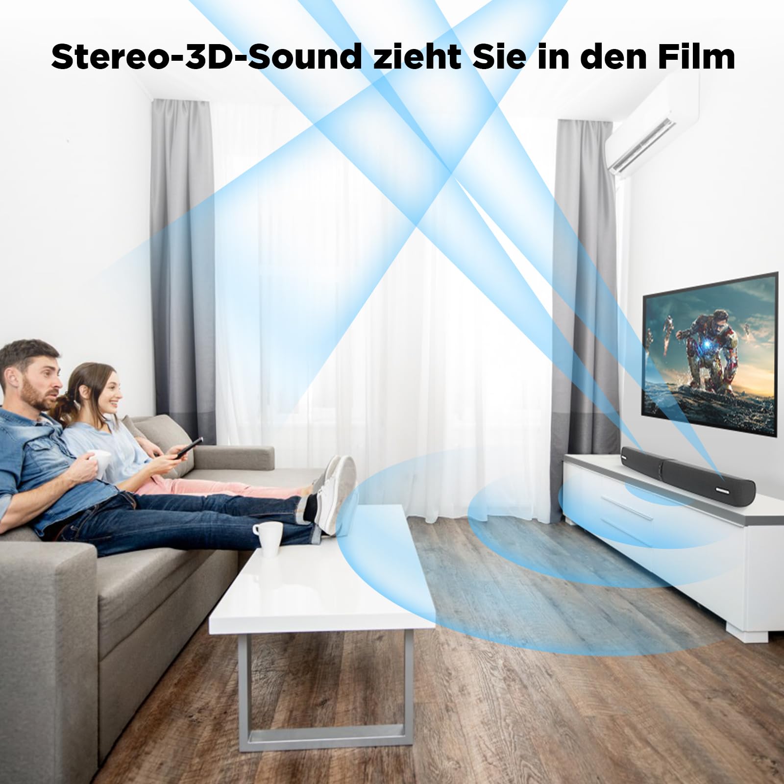 Soundbar für TV, 90 W 2-in-1 Abnehmbar Soundbar mit Auto Volume Boost, TV-Lautsprecher mit Bluetooth 5.3/ARC/Opt/AUX-Anschluss, Heimkino-Soundbars für PC/Gaming/Projektoren, 1 Stück
