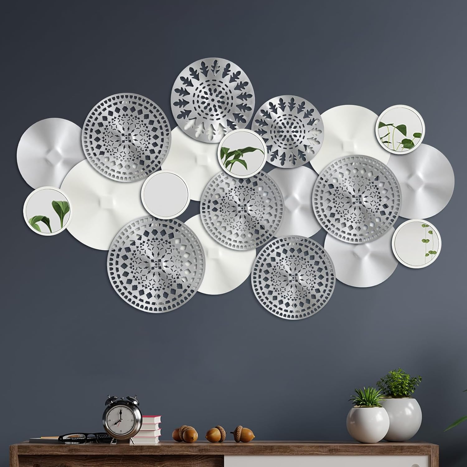 Briwooody 20 Pcs Silver Metal Wall Decor Ivory Metal Plates Wall Mirror Art Rustic Modern Floral Sculpture Floral Blossom Sculpture for Bedroom Living Room Dining Room(Silver, Blossom)