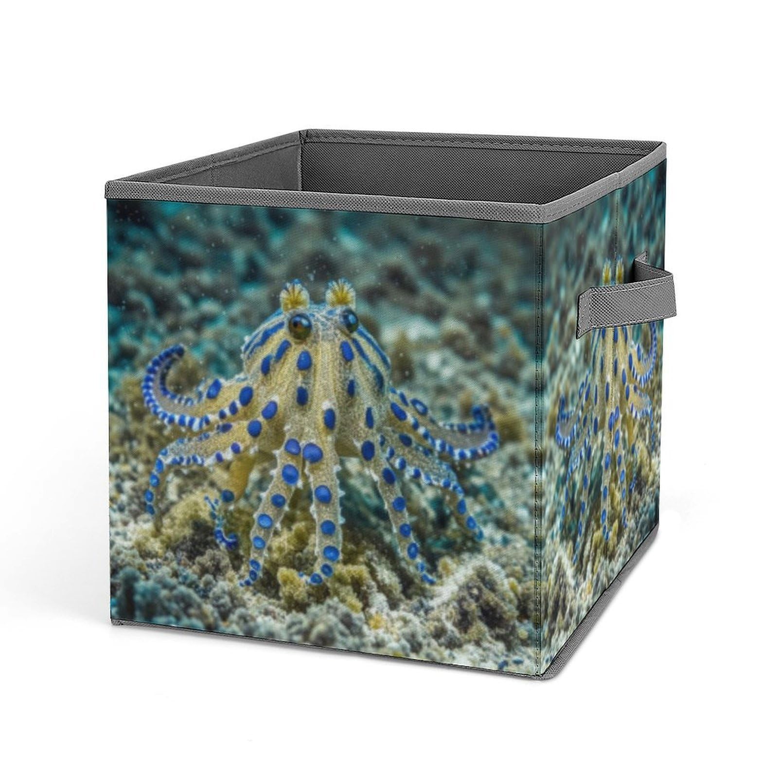 FekiLoot Blue Ringed Octopus Folding Storage Bins with Handles Large Fabric Storage Cube Storage Organizer Heavy Duty Closet Organizer Sturdy Collapsible Bin Foldable Baskets