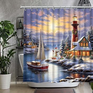QZJDX Christmas Lighthouse Shower Curtain for Bathroom Happy Snowman Snowy Xmas Trees Winter Ocean Coastal Scene Decor Polyester Fabric Bath Curtains 60"x70"