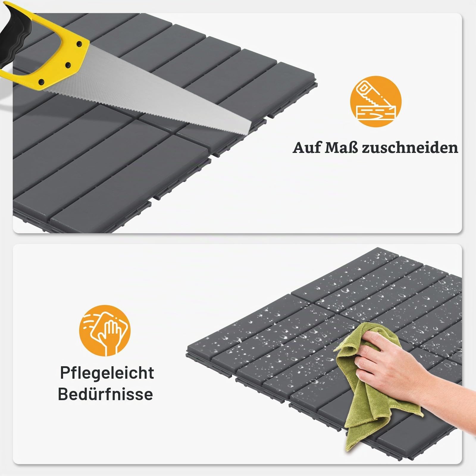 LEADZM WPC Fliesen, Balkon Bodenbelag - 30 x 30 cm 27 Stück / 2,4m² - Wetterfeste Terrassenfliesen mit Klicksystem, Geeignet für Balkon und Garten, Horizontale Streifen - Dunkelgrau