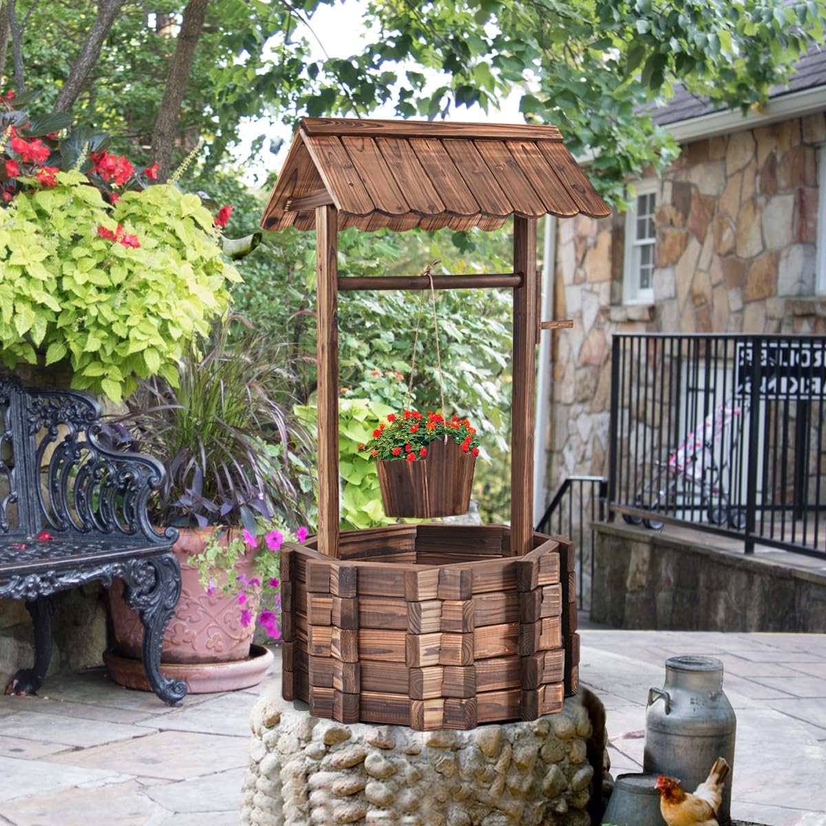 SOARS Pozo de Madera con Techo para Exterior, Fuente de Madera Regulable en Altura, Fuente Decorativa para Patio y Césped, 56 x 56 x 114cm