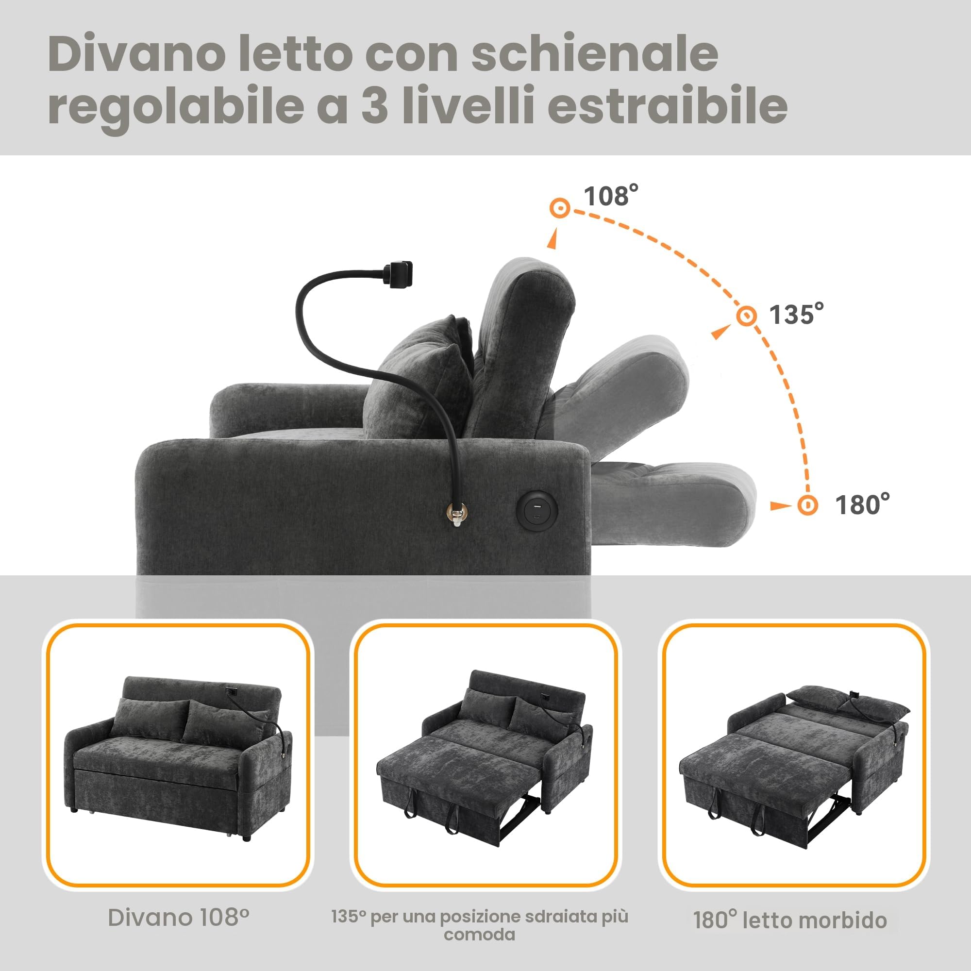 Divano letto pieghevole doppio moderno, divano a 2 posti multifunzione con funzione di sonno, con schienale regolabile e supporto per telefono cellulare, porta di ricarica USB, adatto per