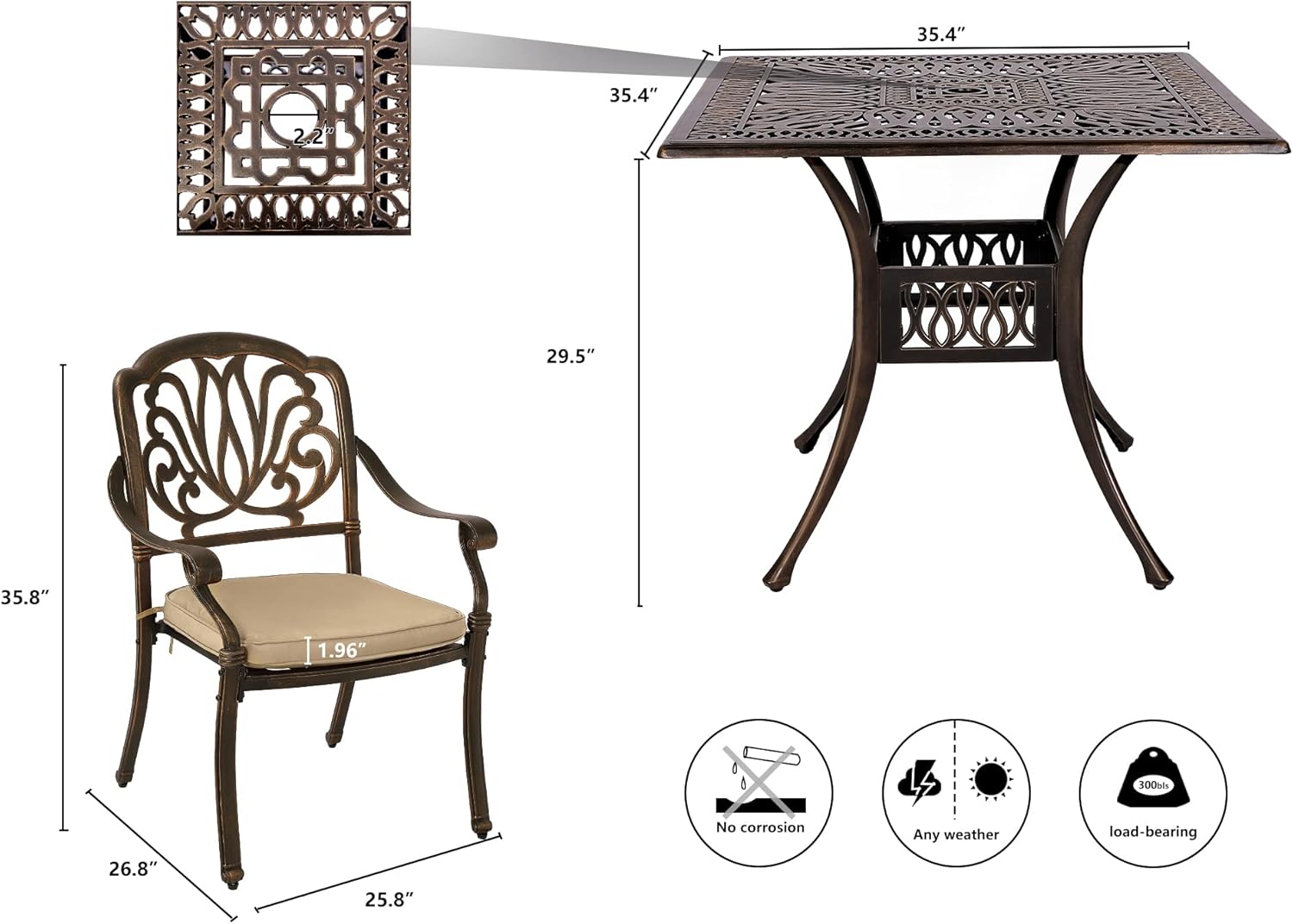 Grepatio 3 Piece Bistro Set Outdoor Cast Aluminum Patio Dining Set Table and Chairs Outside Bistro Furniture Set 2 Chairs and Umbrella Table for Lawn Garden (Khaki)