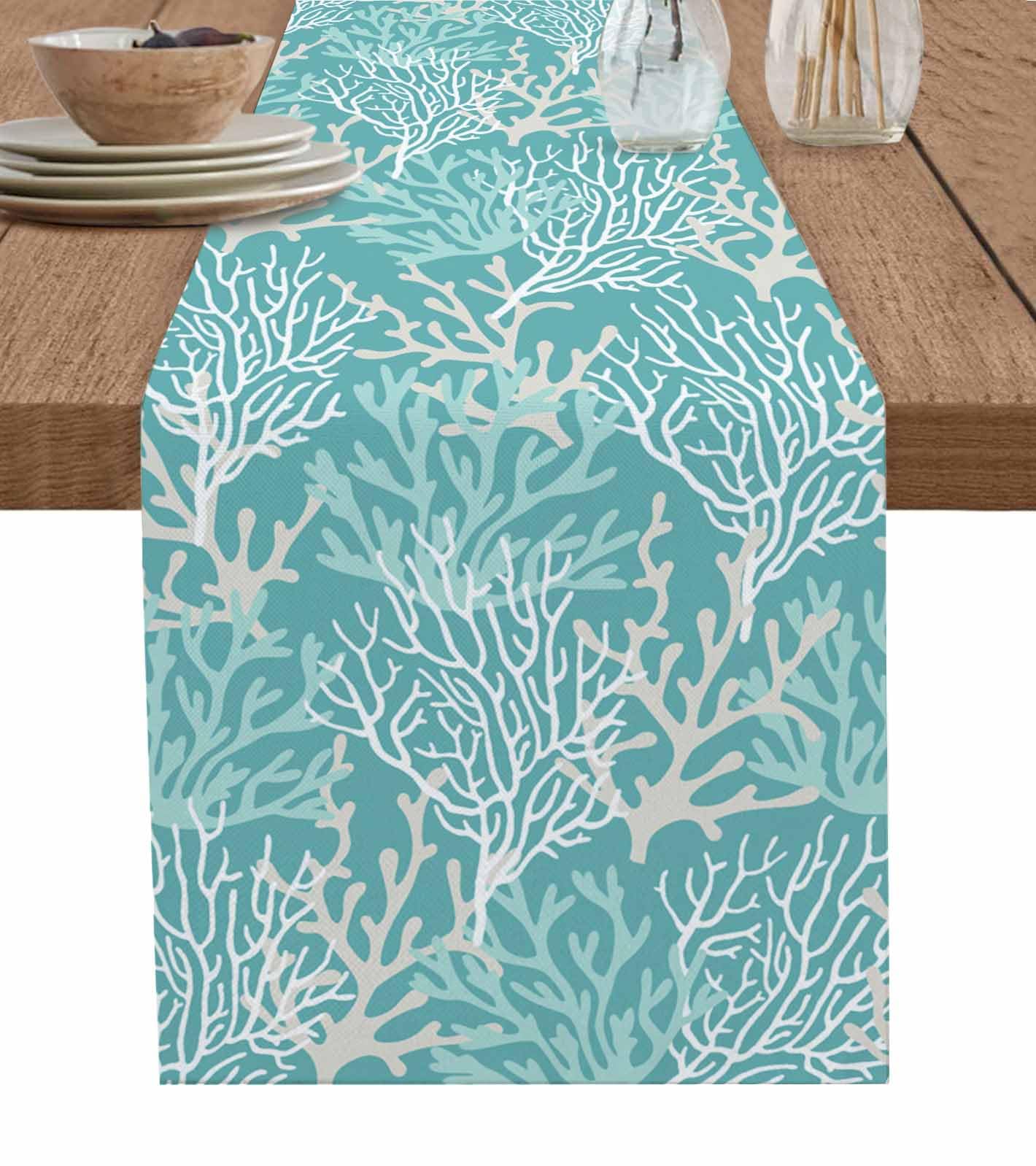 Turquoise Geometric Coral Table Runner-Cotton Linen- 36 Inch Holiday Dresser Scarves, Contemporary Minimalist White Tablerunner for Kitchen Coffee/