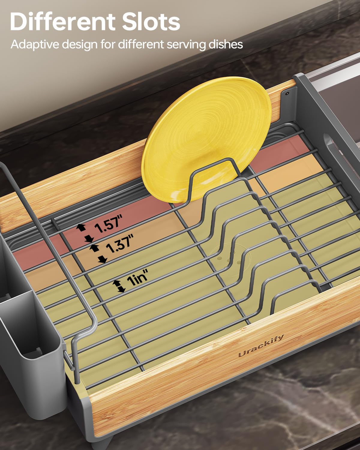 Urackify Escurridor de platos para encimera de cocina, escurridor de platos de acero inoxidable y bambú, escurridor de platos con gran soporte extraíble para utensilios, escurridor de platos con