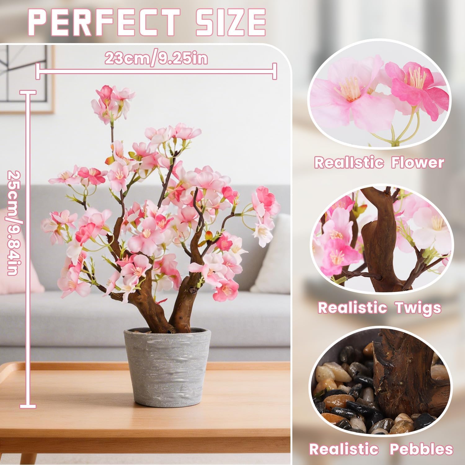 TOARTi Artificial Pink Cherry Blossom Potted Plant with Pot, 9.8" Tall Fake Flowers Faux Plant Desk Decor, Realistic Decorative Plants Indoor Decor for for Home Bedroom Bathroom Office Desk