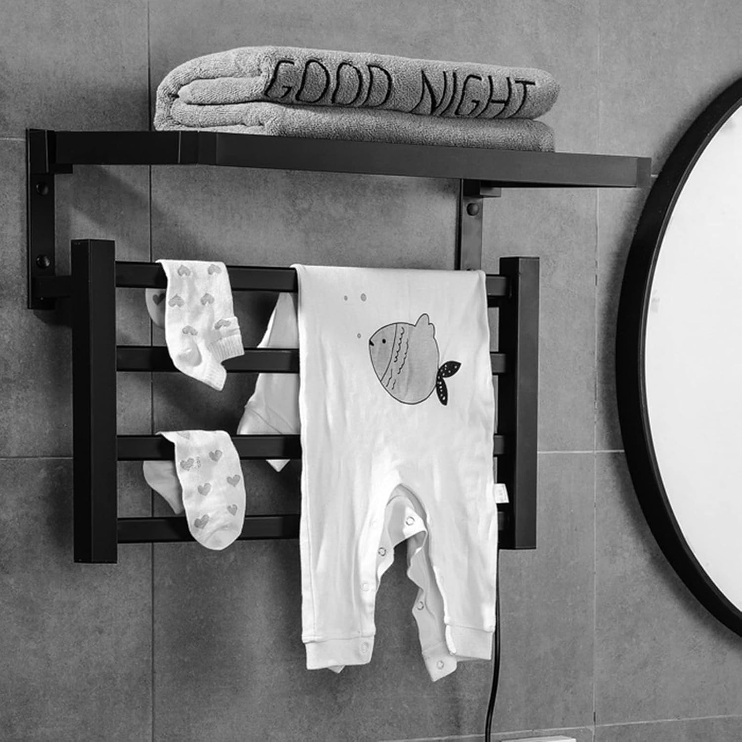 Wall Mounted Electric Heated Towel Rail with Folded Storage Shelf, Black Towel Warmer Rails Bathrooms Aluminum Alloy Smart Thermostat Heating Towel Rail