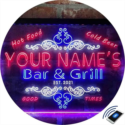 Miniatura 3 de Letrero de luz de neón LED tricolor personalizado para bar y parrilla, nombre personalizado, fecha, texto, cita, fuente blanco, azul y rojo, 17.7 x
