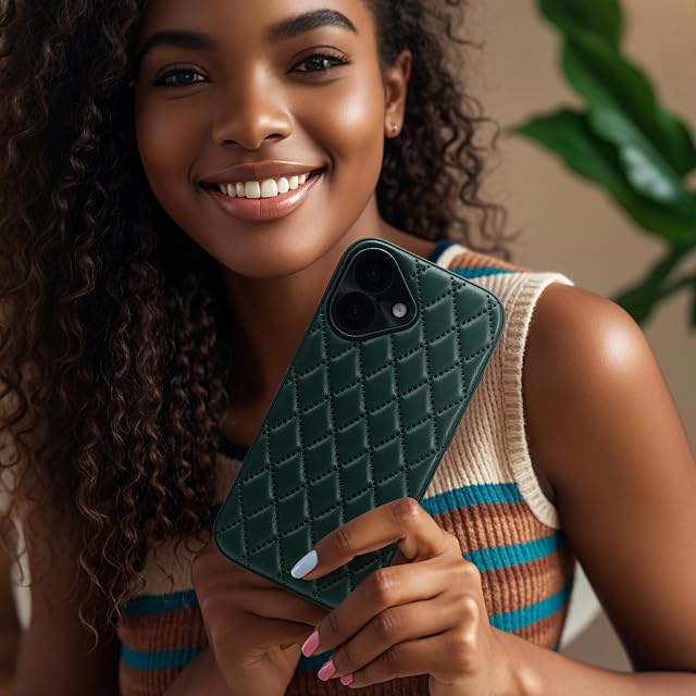 Phone Case for iPhone 16 Leather-Like Back Silicone Frame - Vegan Leather Design Anti-Slip Grip Womens Protective Case