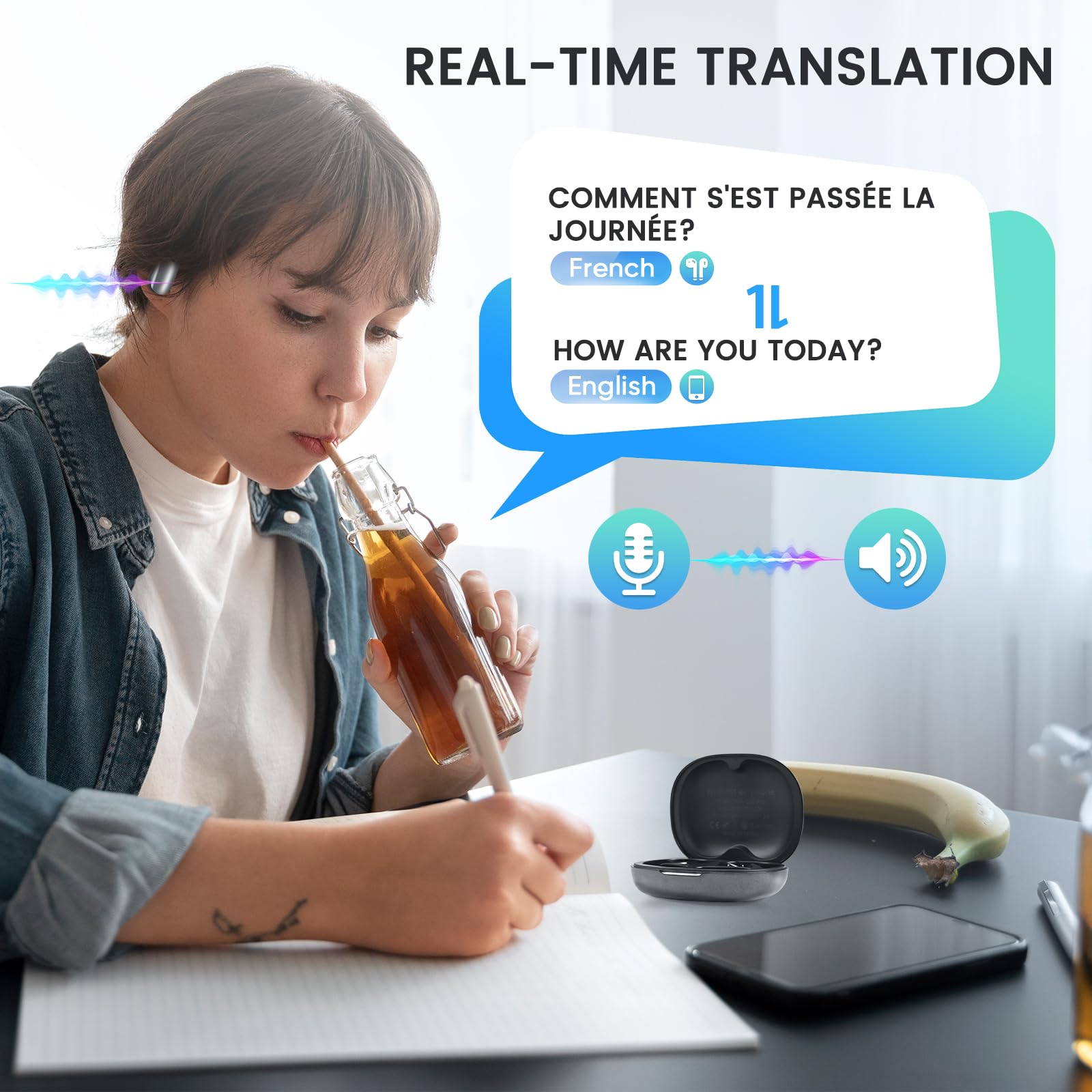 Cuffie con traduttore touch screen Traduzione in 144 lingue Auricolari Bluetooth 5.4 wireless Cuffie da lavoro con cancellazione del rumore  44