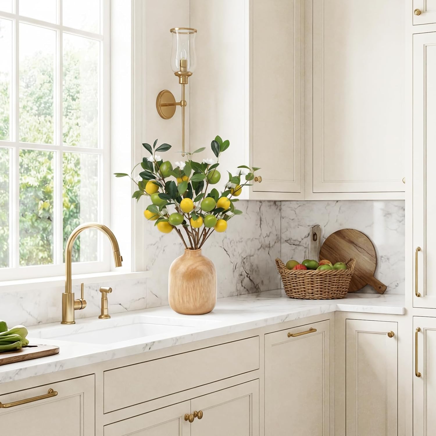 5 Pcs 24-inch Artificial Lemon Branches Simulated Flower Lemon Stems Fake Lemons Artificial Fruit Faux Plants Lemon for Lemon Party Decorations, Kitchen, Spring Summer Decor(3Yellow+2Green)