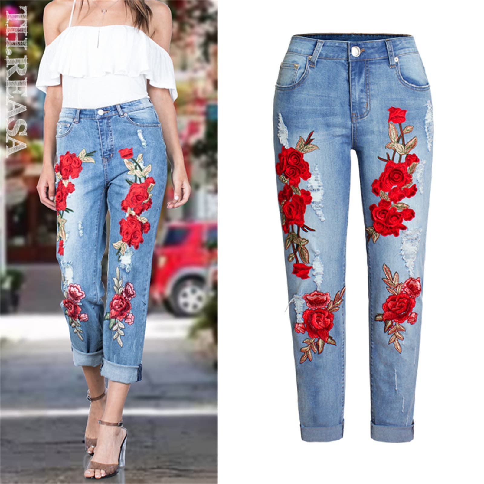 Pantalones Vaqueros Sueltos Elásticos para Mujer, Pantalones Vaqueros Perforados con Bordado 3D De Flores Coloridas para Mujer