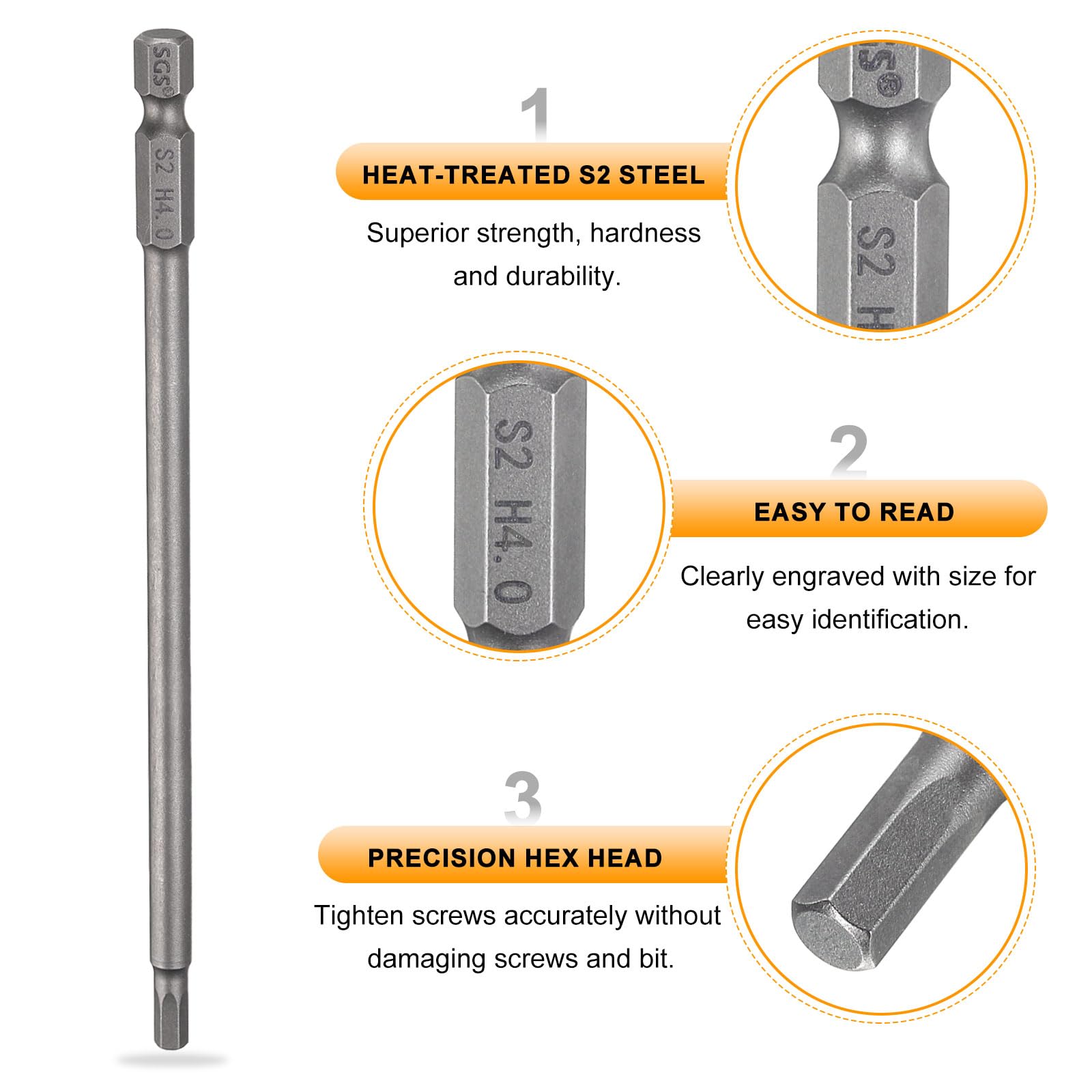 QUARKZMAN H4,0 Chiavi a Brugola per Punte da Trapano 4mm Punte Metriche Piane 1/4" Attacco Esagonale 200mm (8") Punta Cacciavite Esagonali Magnetico Lungo Industriale per Viti