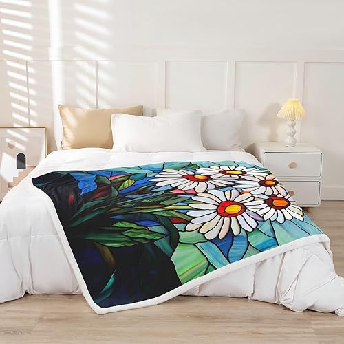 Vista 2 de Manta de cama de margaritas blancas, manta de franela rústica con flores florecientes de jardín natural para decoración de habitaciones, manta