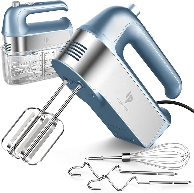 Hand Mixer Electric, 450W Kitchen Mixers with Scale Cup Storage Case, Turbo Boost/Self-Control Speed + 5 Speed + Eject Button + 5 Stainless Steel Accessories, For Easy Whipping Dough, Cream, Black