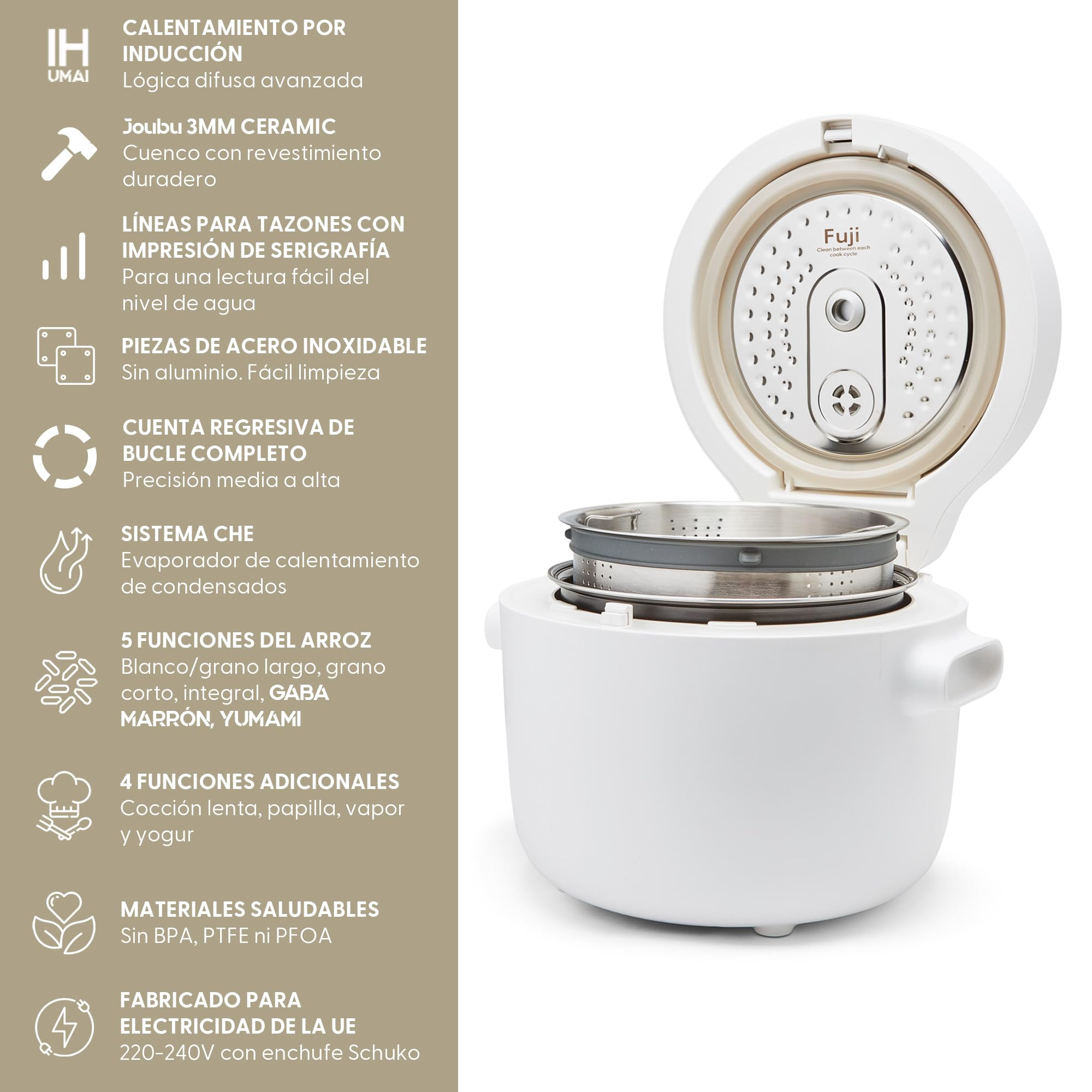 Arrocera Yum Asia Fuji con calefacción por inducción (IH) y tazón de cerámica (5 tazas, 1.0 litro), 7 funciones de cocción de arroz, 5 funciones de multicocina, pantalla LED, 220-240V
