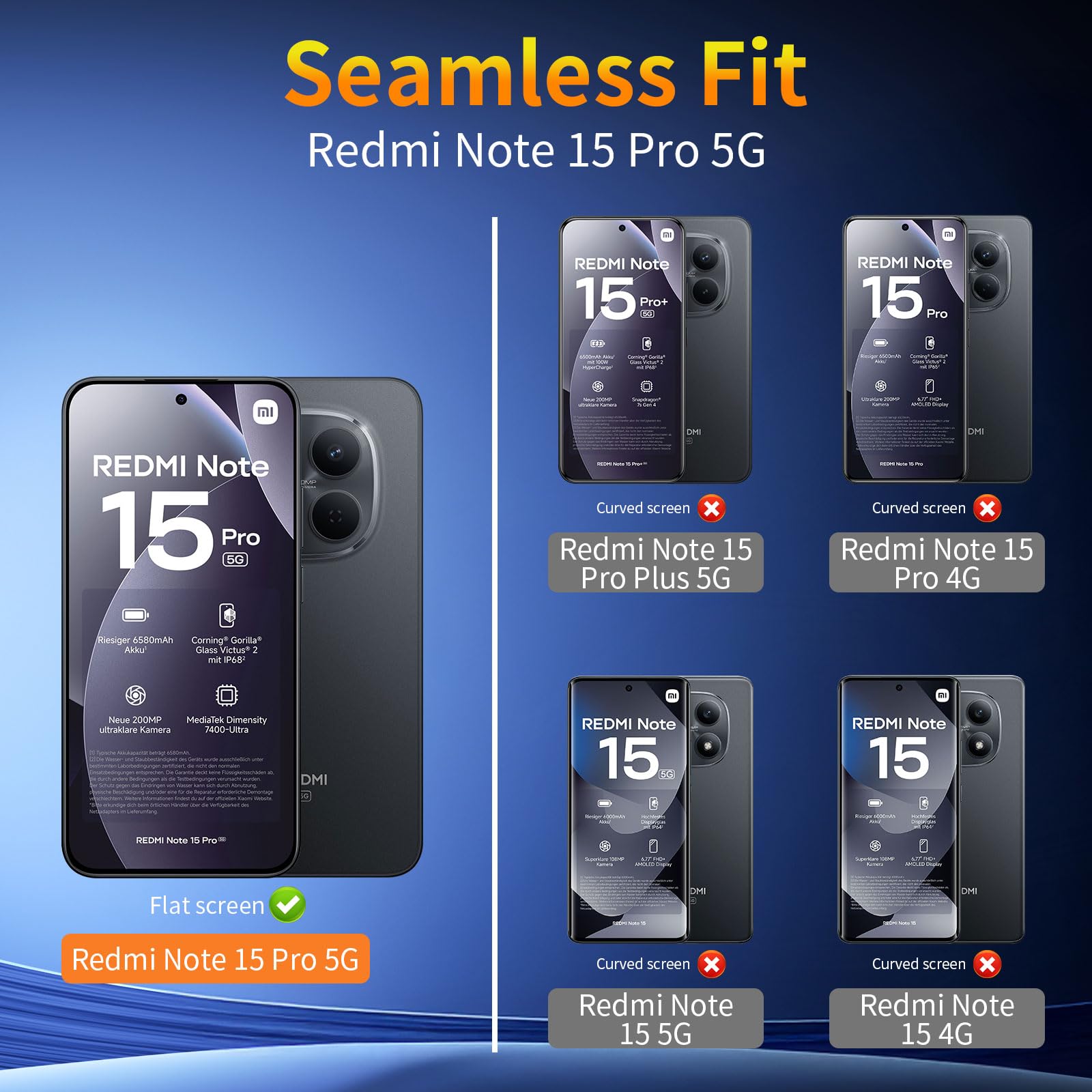 Szkło hartowane dla Xiaomi Redmi Note 15 Pro 5G 6,83" (Bez 4G), 3 sztuki ochrony ekranu i 3 sztuki ochrony tylnego aparatu Mi, 2.5D Szkło ochronne, przeciw zarysowaniom, twardość 9H Glass HD