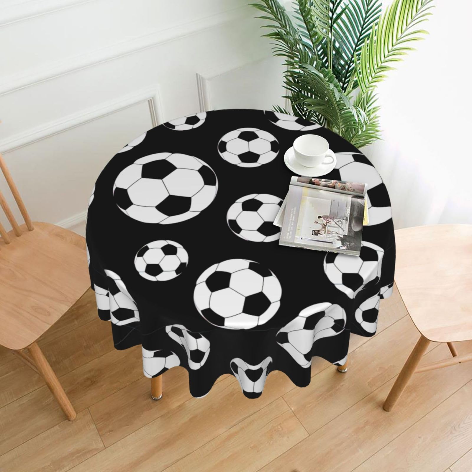 UVBDF Soccer Black Print Multipurpose Round Tablecloth 60in Polyester Cover for Coffee Table Kitchen Desk Home Gift