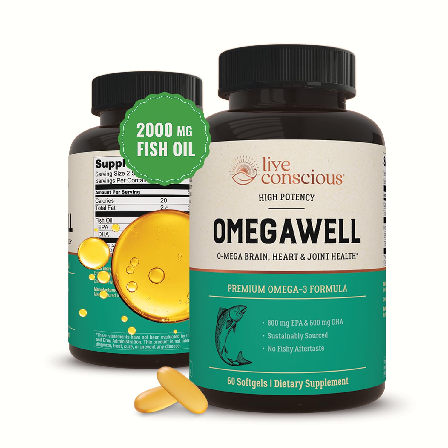 Live ConsciousOmegaWell Omega 3 Fish Oil - 2000mg Capsules: Heart, Brain, & Joint Support - 800 mg EPA 600 mg DHA - Sustainably Sourced - Softgels - 30 Day Supply
