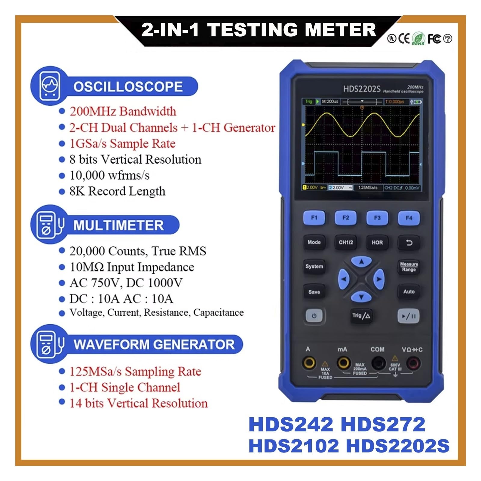HDS2202S 2102S Osciloscopio Digital 2 Canales 200Mhz 1GSa/s Portátil | Osiclloscopios USB 3 en 1 + Multímetro + Generador de formas de onda(HDS242,EU)