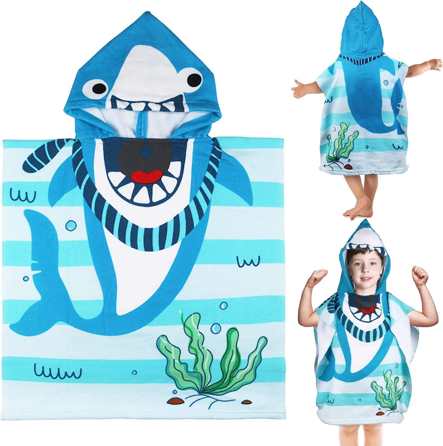 Kids Hooded Bath Towel Bath Towel Blanket Swimsuit Coverup Swimming Poncho Towel Multi-use for Bath/Shower/Pool 24x48 Inches (Shark)