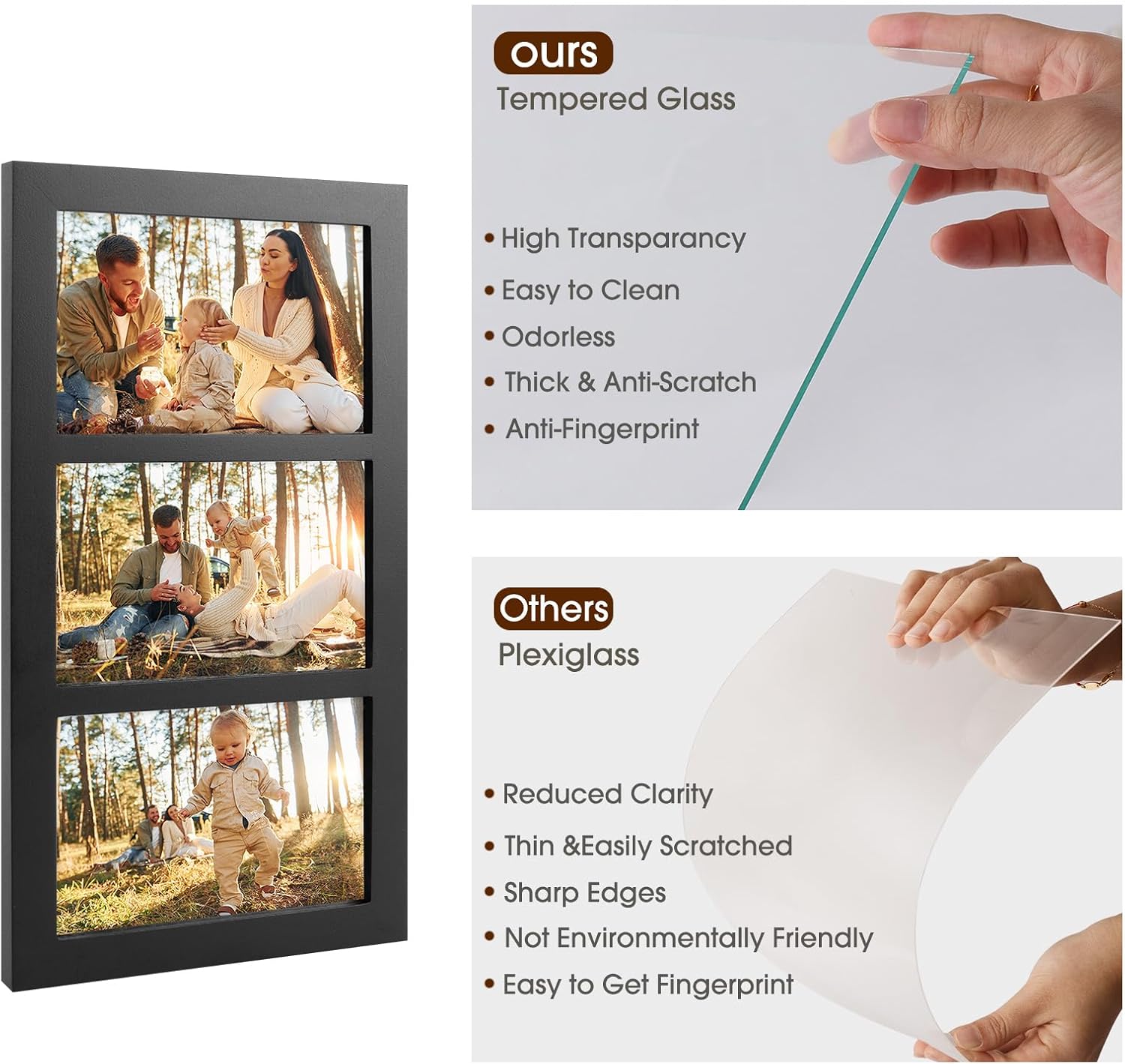 Golden State Art, 4x6 Picture Frame - Display Three 4x6 Photos - Solid Wood - Real Glass for Tabletop Or Wall Mounting (Black, 1 Pack) - Image 4