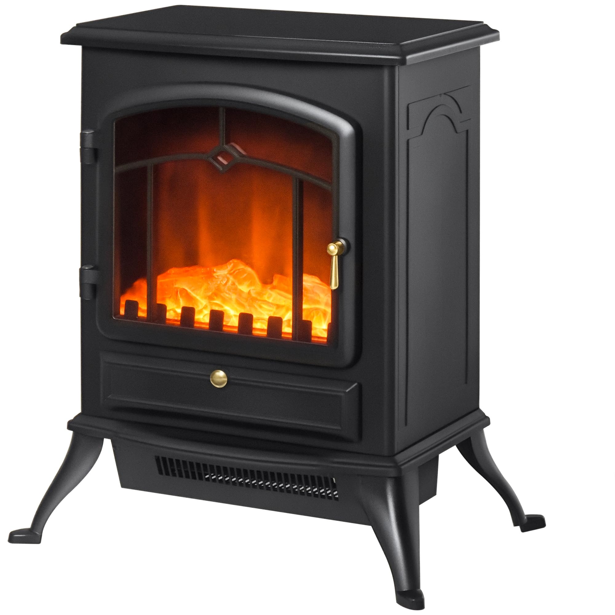 HOMCOM Camino Elettrico da Terra con Effetto Fiamma, Caminetto Elettrico 1000W /2000W con Protezione da Surriscaldamento e Termostato, in ABS e Vetro, 45x28x54cm, Nero