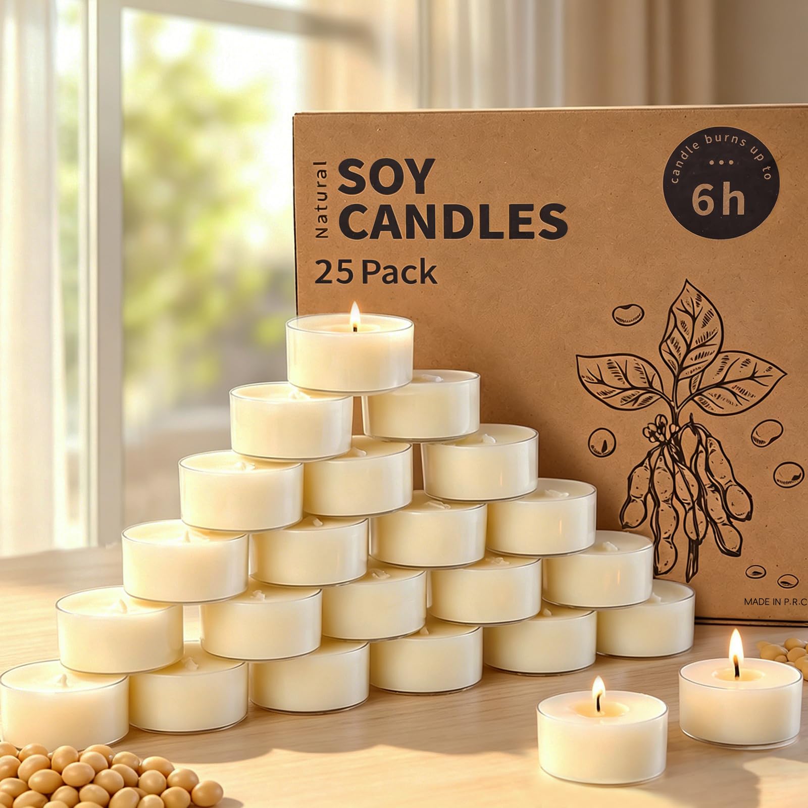 25 Pack Soy Wax Tealights, 6H Unscented Tealight Candles in Clear Cup Long Burning Time Paraffin-Free for Weddings, Events, Home Decor,Emergency Use
