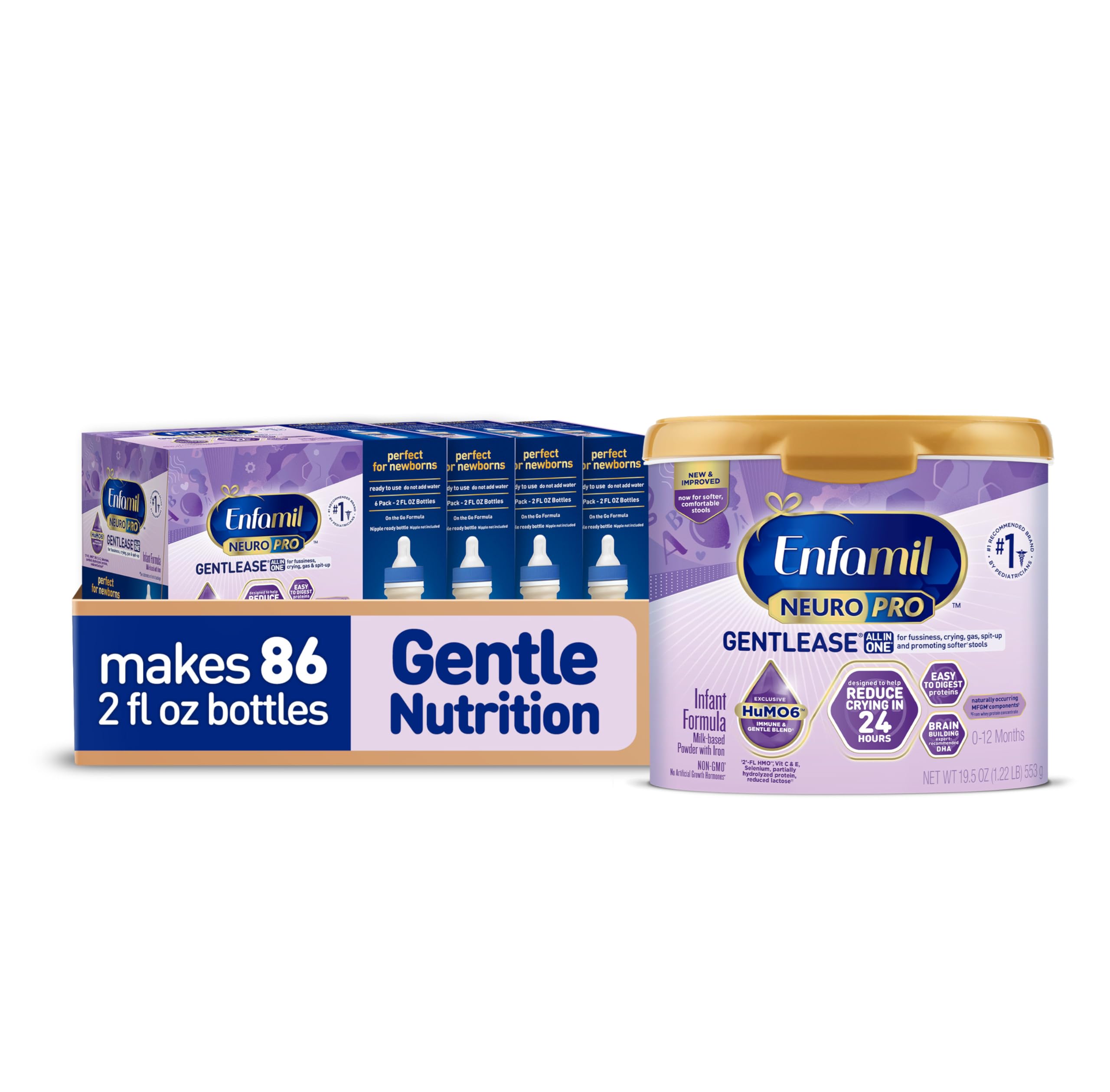 Enfamil NeuroPro Gentlease Baby Formula, Brain Building DHA, HuMO6 Immune Blend, Designed to Reduce Fussiness, Crying, Gas & Spit-up in 24 Hrs, 19.5 Oz Tub +Ready-to-Feed, Liquid, 2 Fl Oz (24 Count)