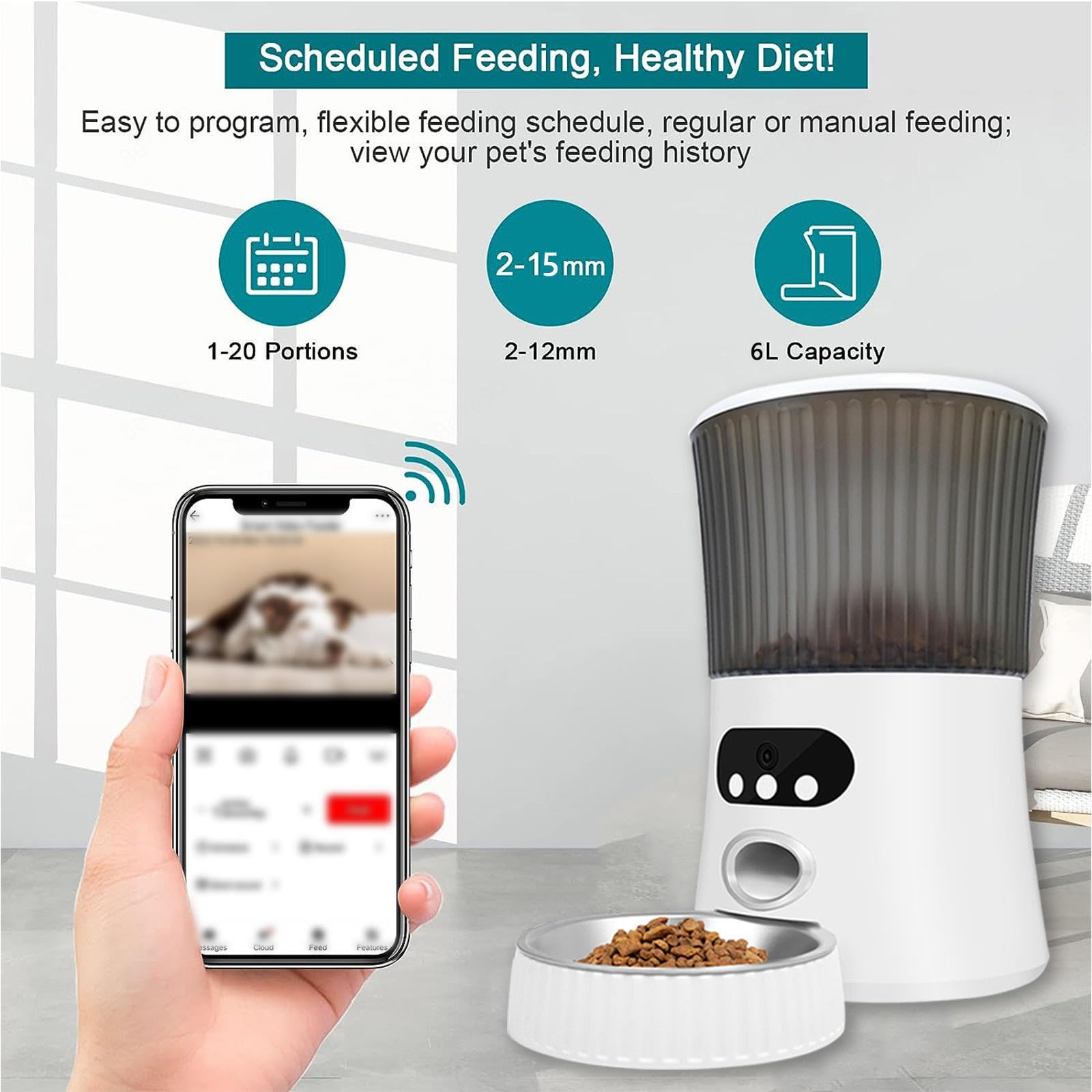 Comedero Gato Automatico WiFi, 6L con Cámara 1080P, 2.4G WiFi con App Video Audio Visión Nocturna Alimentador Automatico Gatos, Comedero Perro Automatico