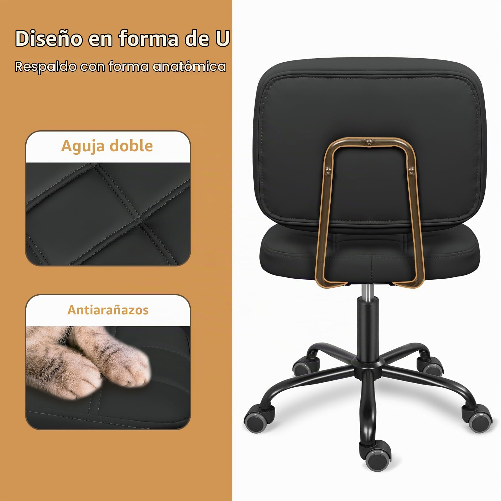Silla de Oficina Sin Brazos con Ruedas, Giratoria y Ajustable | Silla compacta sin brazos, con altura ajustable, ruedas 360° y cuero sintético para oficina, escritorio o tocador