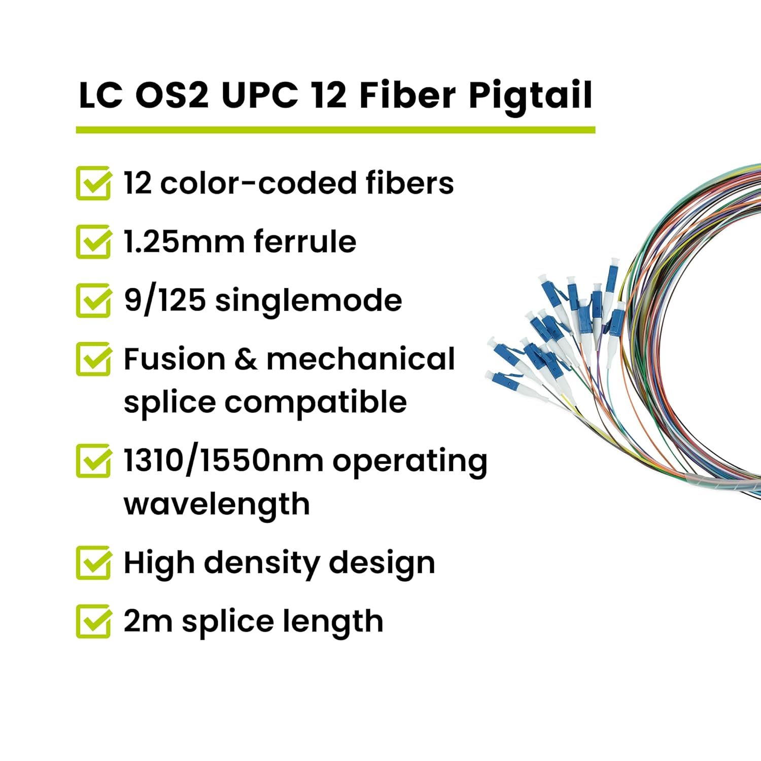 TRUE CABLE 12 Fiber LC UPC OS2 Singlemode Fiber Optic Pigtail, 2m (6.56ft), 9/125µm Corning SMF-28 Ultra G.657.A1, 0.9mm LSZH, 12 Colors
