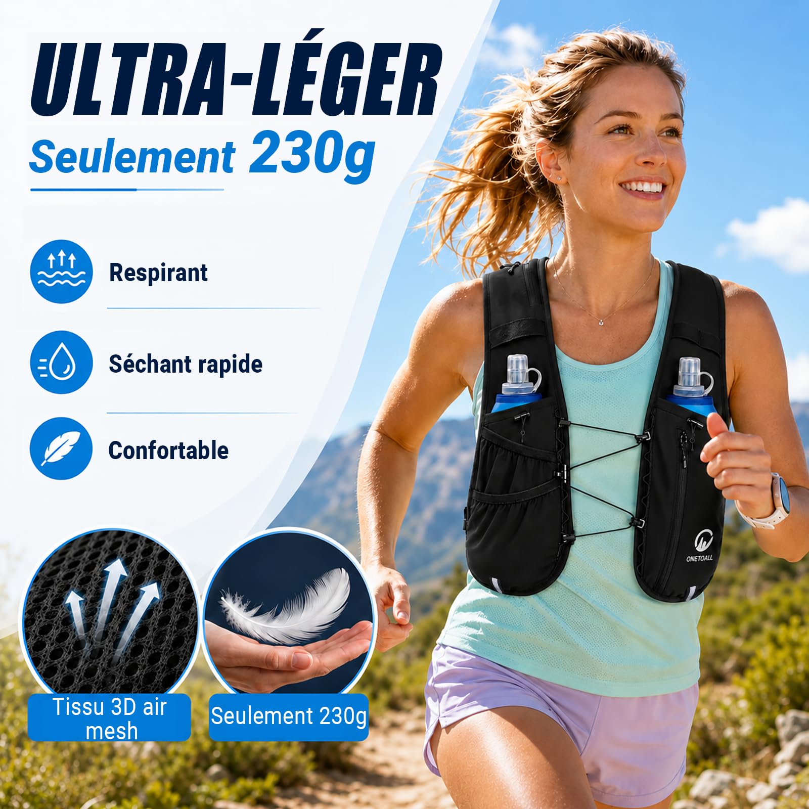 Gilet Hydratation Running Femme - 2 Gourdes Souples 500ml + Lumière LED, Sac de Course à Pied Léger pour Homme, Marathon, Trail, Randonnée