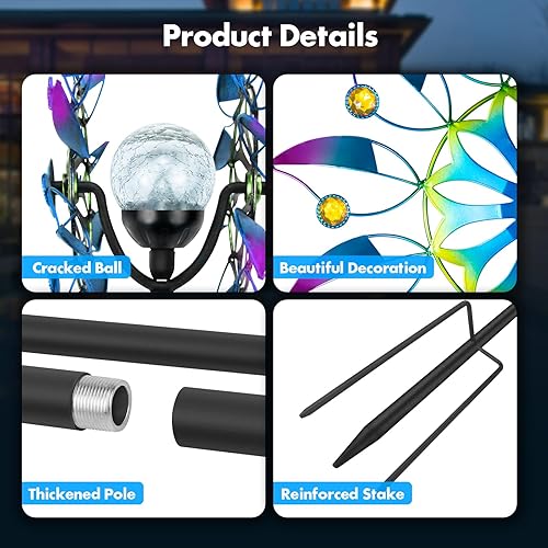 Miniatura 5 de Molinillo de viento solar, escultura de viento de metal impermeable para exteriores, decoración de patio, césped y jardín (hilandero de hojas)