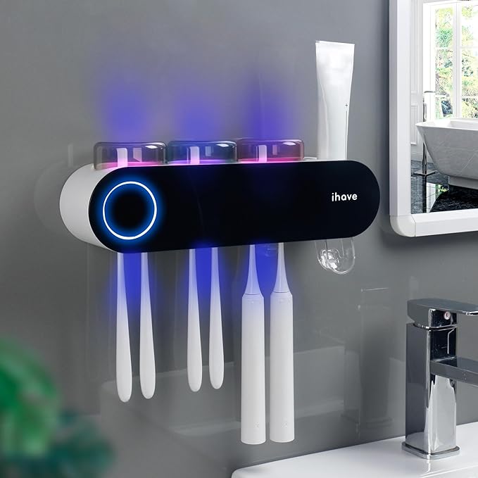 Amazon.com: iHave Toothbrush Holders for Bathrooms, UV Toothbrush Sanitizer and Holder Smart Home Bathroom Accessories, 3 Cups Electric Toothbrush Holder Wall Mounted with Toothpaste Dispenser Bathroom Decor : Home & Kitchen