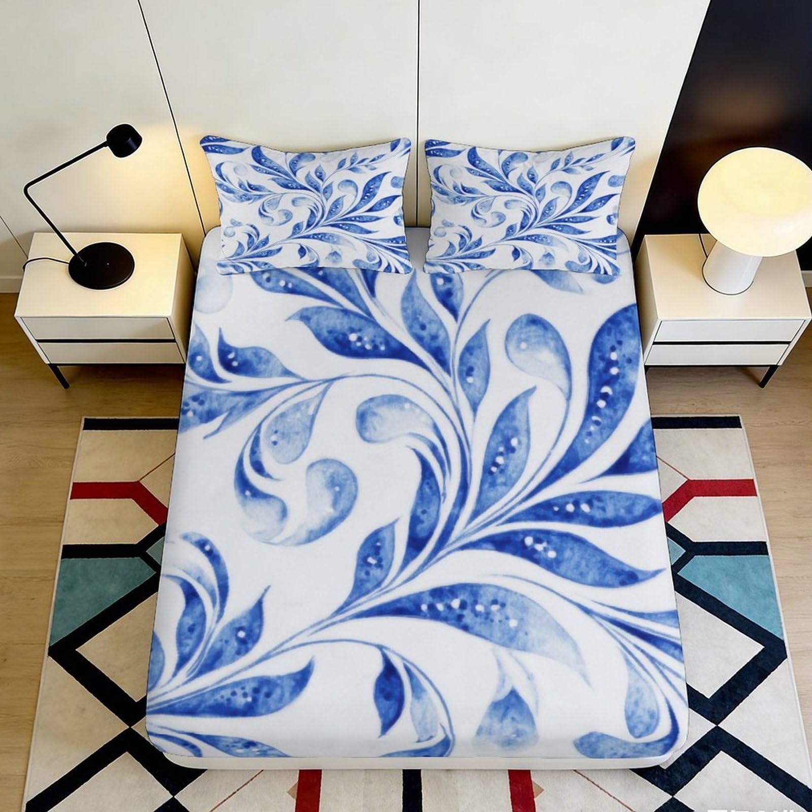 Kzqnxhjprl Style-5 3D Printed Blue Leaf Fitted Sheet Microfiber Soft Mattress Cover Watercolor Swirl Bed Sheet For Bedroom Dorm Decor 90X200x25cm