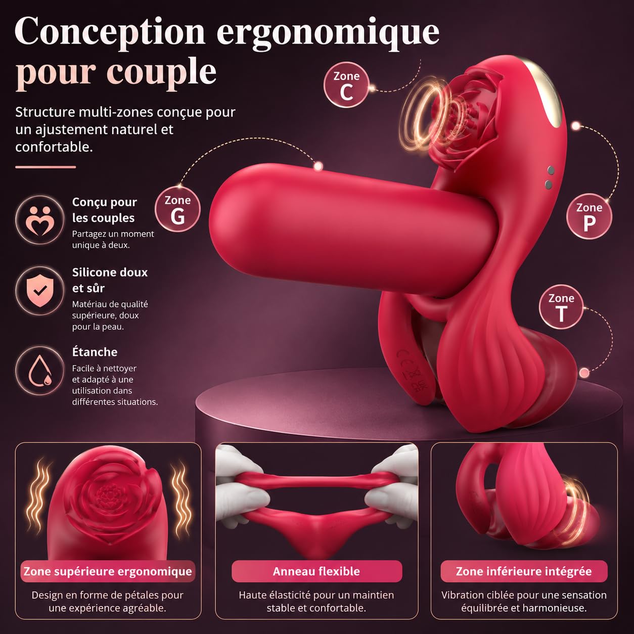 Sextoyse Couple Plaisir Anneau Penien - Anneau Homme 4 en 1 Sex Toys Homme Anneau Vibrant Pénis Clitoridienne Vibromasseur Anneaux de Pénis Sextoy Couple Cockring 3 Moteurs 7 Modes de Vibration