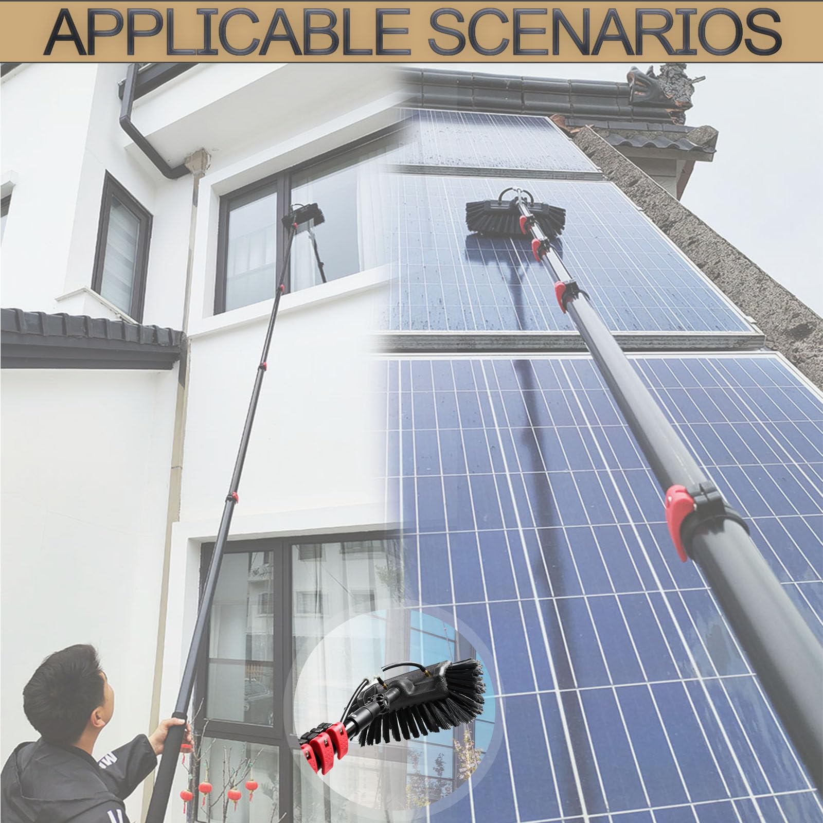 Cepillo retráctil de limpieza de paneles solares de 3,6 a 12 m, con cabezal de 29 cm, suministro de agua para limpieza eficiente de ventanas e invernaderos, herramientas de mantenimiento fotovoltaico