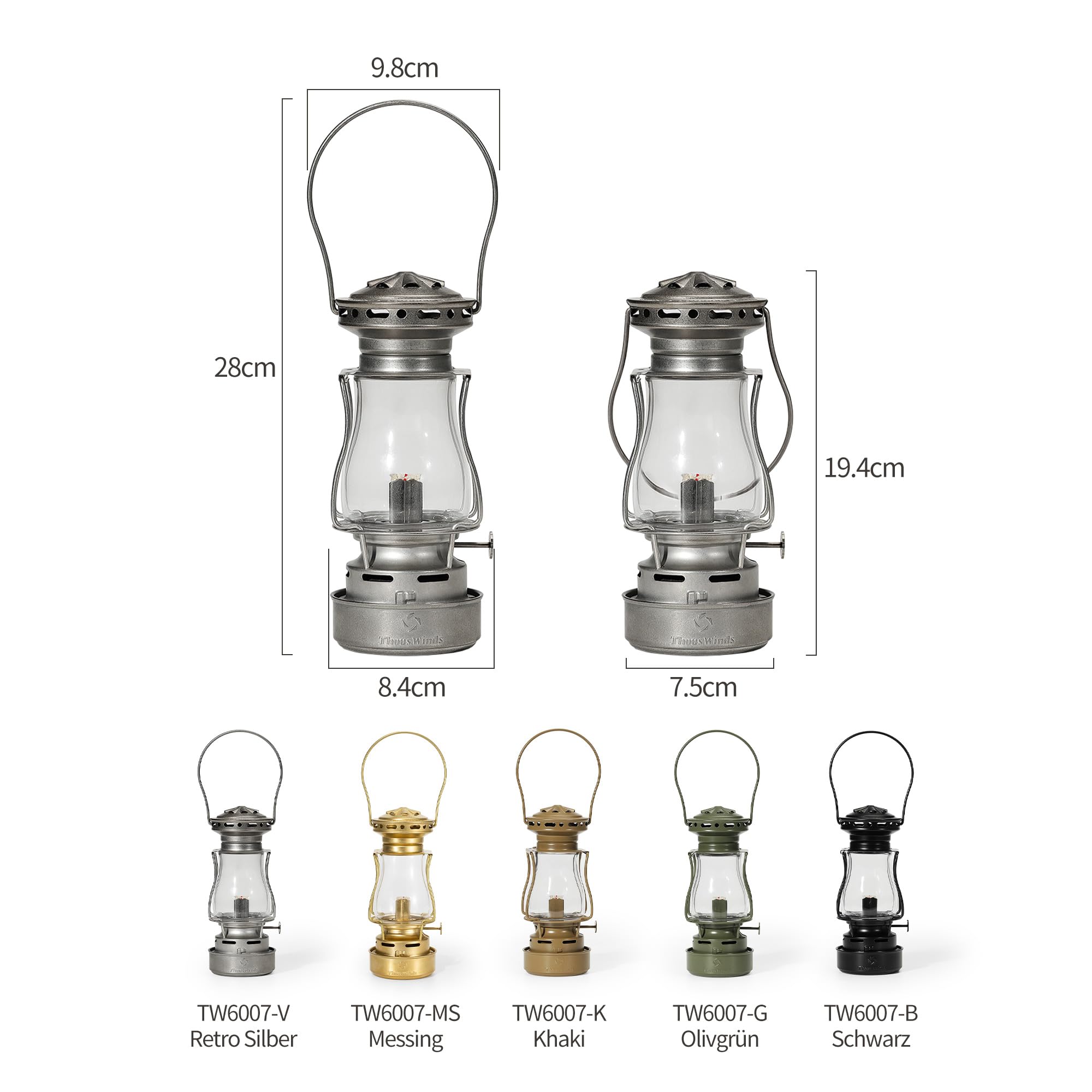 Thous Winds Petroleum Sturmlampe, Retro Petroleum Lampe Outdoor, “Dämmerung” Kerosin Laterne, Winddichte Sturmlaterne für Aktivitäten im Freien, Camping, Wandern, Picknick, Terrasse, Retro Silber