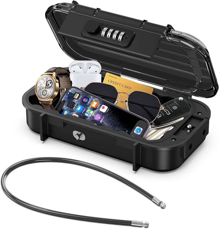 AMIR Portable Lock Box with 4-Digit Resettable Combination | Waterproof, Anti-Theft, Removable Steel Cable, Personal Cash Box