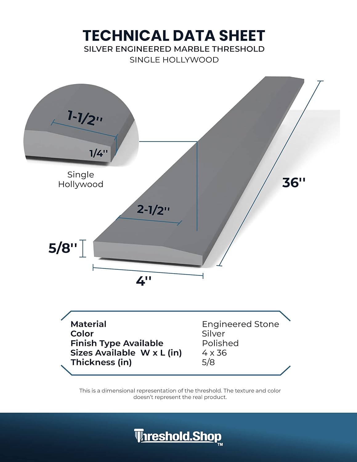 Single Hollywood Engineered Marble Threshold for Floor Transitions (Silver, 4" x 36")