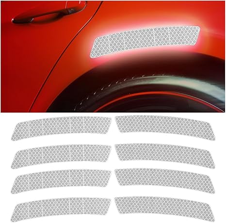 Car Reflective Stickers, 4PCS Waterproof Vehicle Side Bumper Safety Warning Sign Reflective Strips, Universal Automotive Trunk Rear Bumper Body Reflector Guard Decal Accessories (White)
