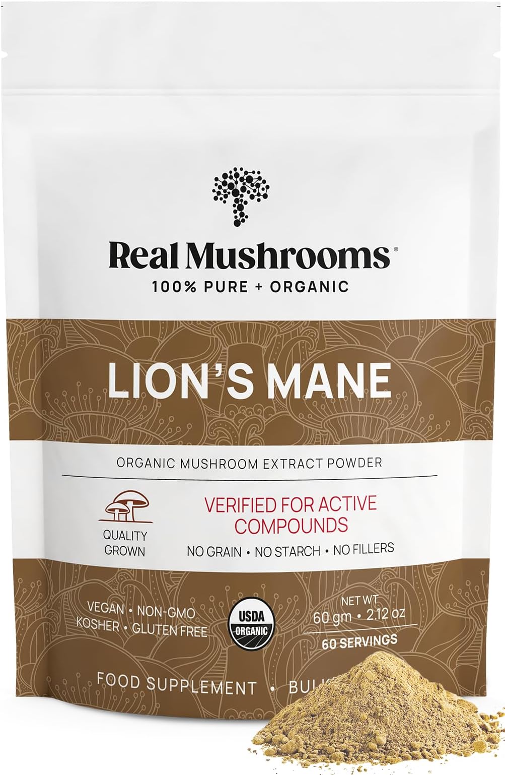 Real Mushrooms Lion’s Mane Powder - Organic Lions Mane Mushroom Extract for Cognitive Function & Immune Support - Brain Supplements for Memory and Focus - Vegan Mushroom Supplement, 60 Servings