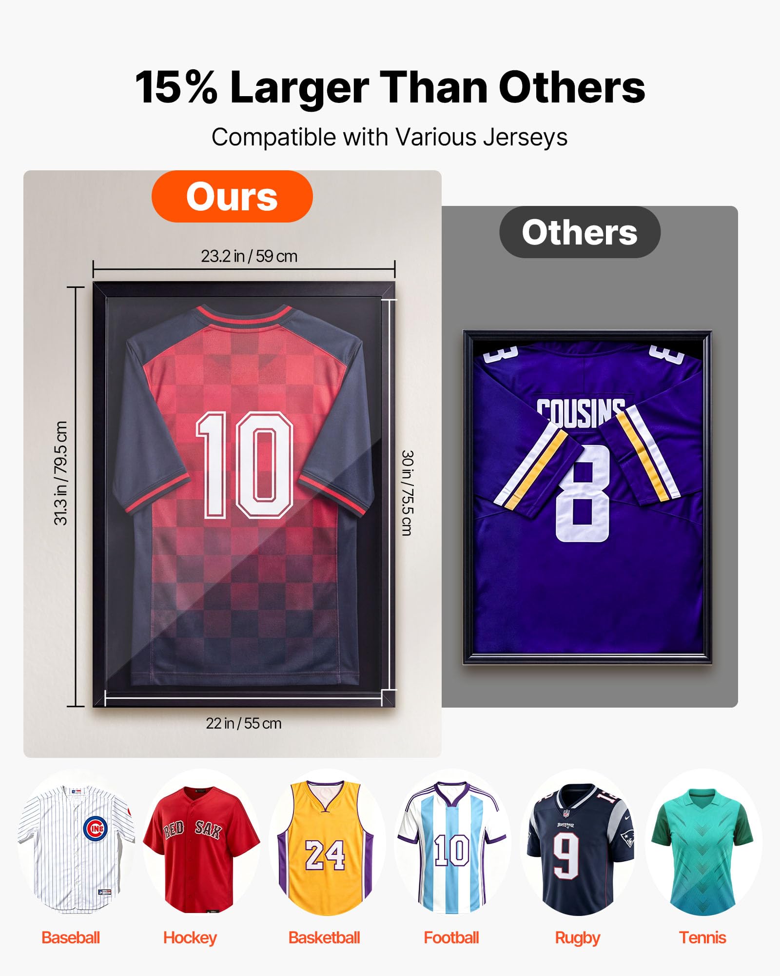 VEVOR Marco de Camisetas de Madera 59 x 79,5 cm, Vitrina para Camisetas Deportivas con Panel de Policarbonato con Protección UV, Expositor para Uniformes de Baloncesto, Fútbol, 2 Piezas, Negro